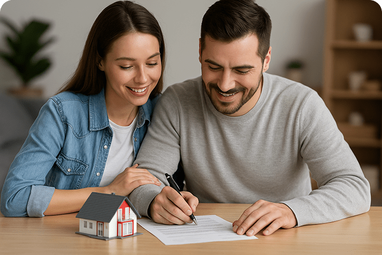 Happy couple planning their first home