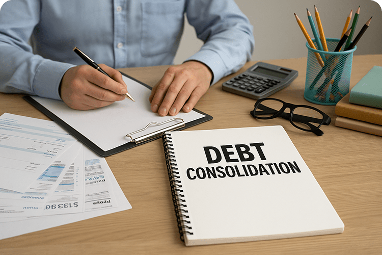 Desk with debt consolidation paperwork