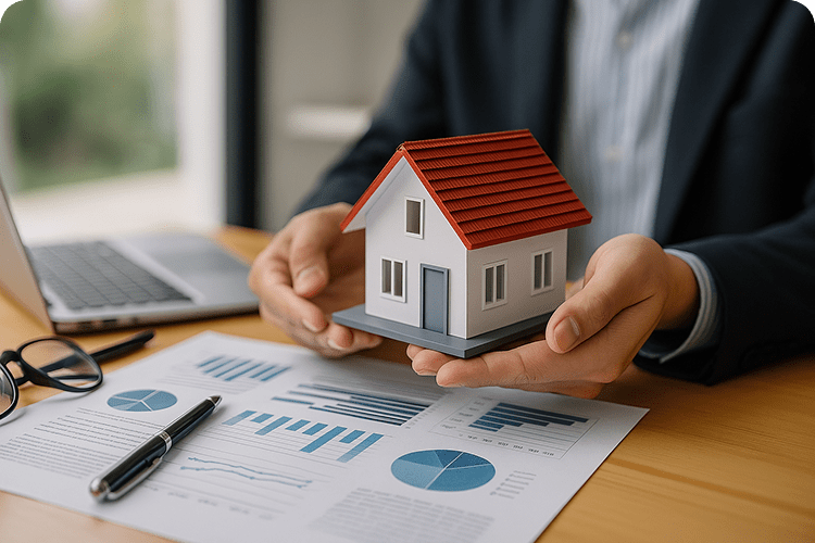 Person holding a model house over financial charts